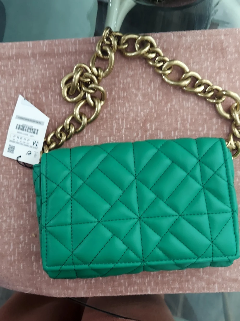 Zara Quilted Emerald Shoulder Bag with Chunky Gold Chain